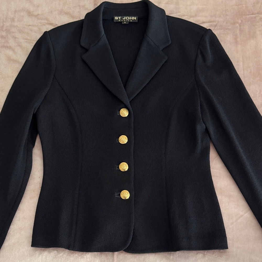 St. John Black Knit Blazer with Gold Buttons